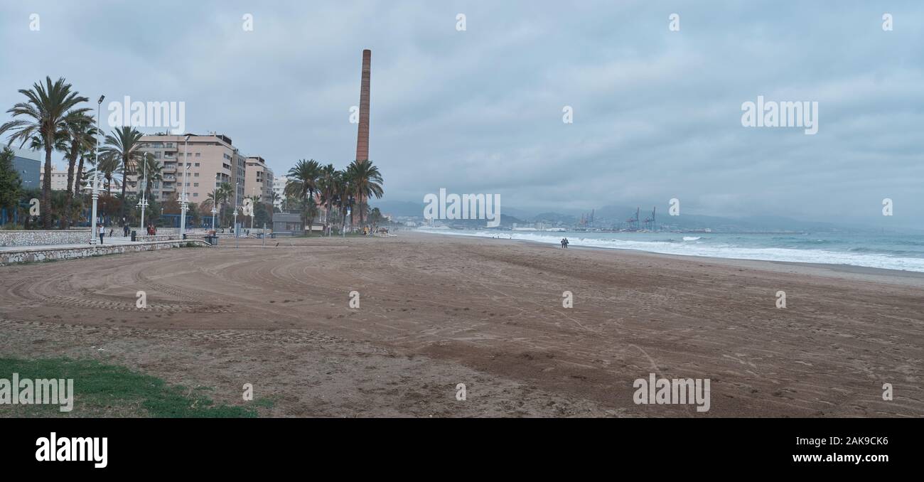 Misericordia beach - Monica´s chimney (Playa de la misericordia y chimenea Mónica). Málaga, Spain. Stock Photo