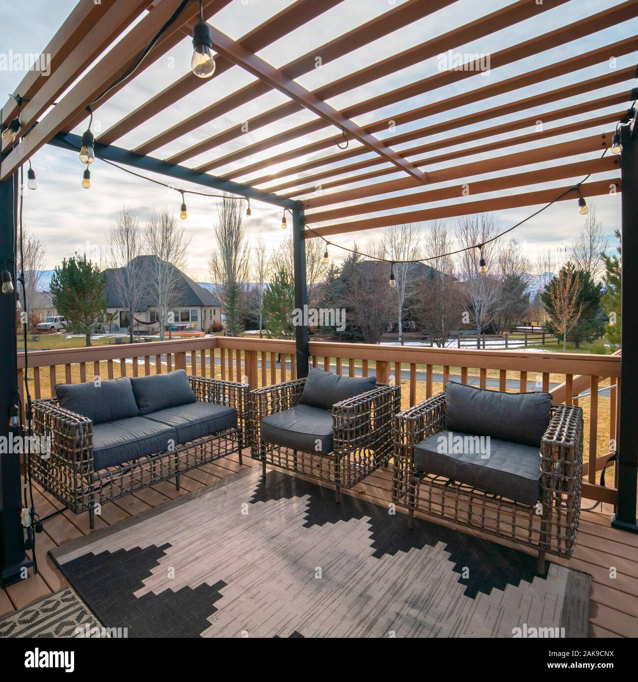 Square Frame Outdoor Patio Furniture Under An Awning Near Sunset Stock Photo Alamy