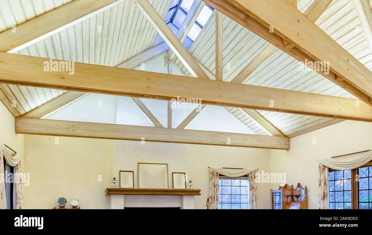 Panorama Frame Bright Open And Warm Living Room With Vaulted