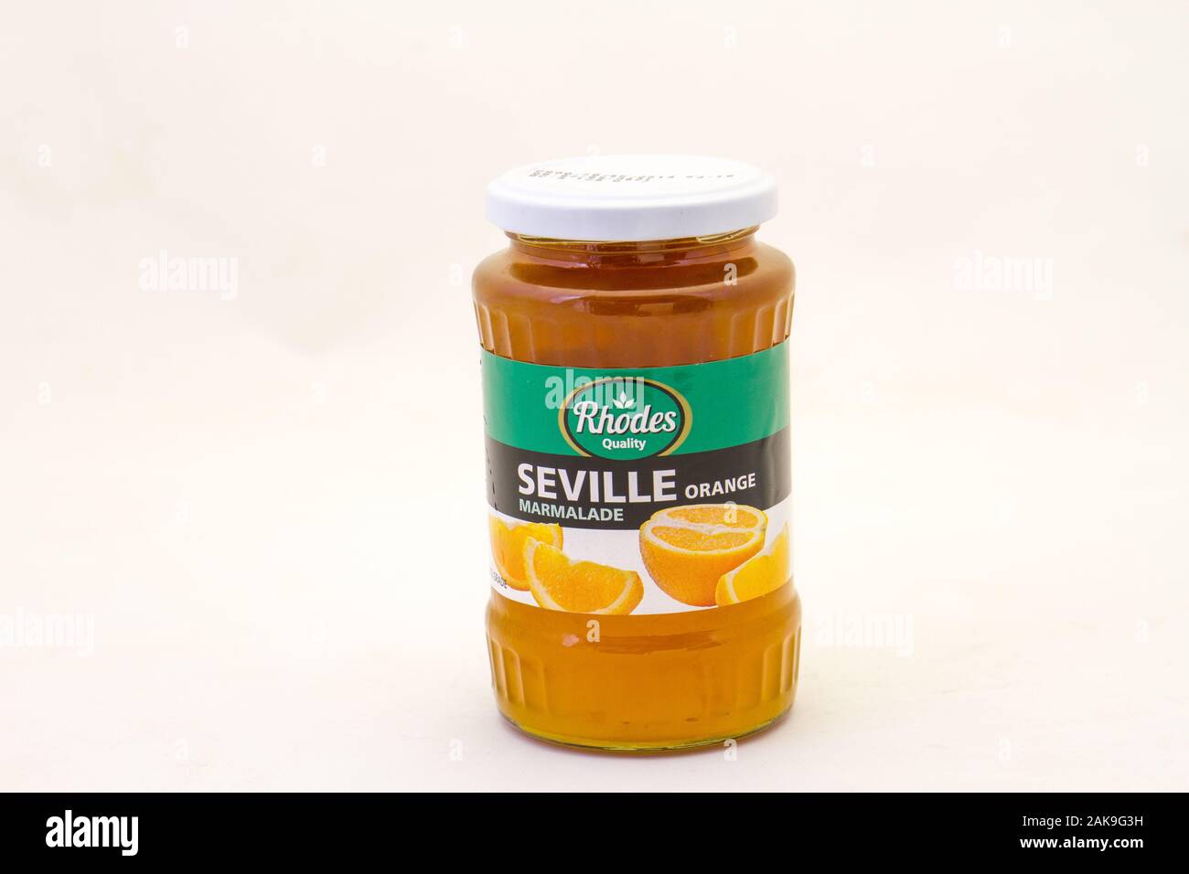 Alberton, South Africa - a jar of Rhodes Seville orange marmalade isolated on a clear background image in horizontal format with copy space Stock Photo