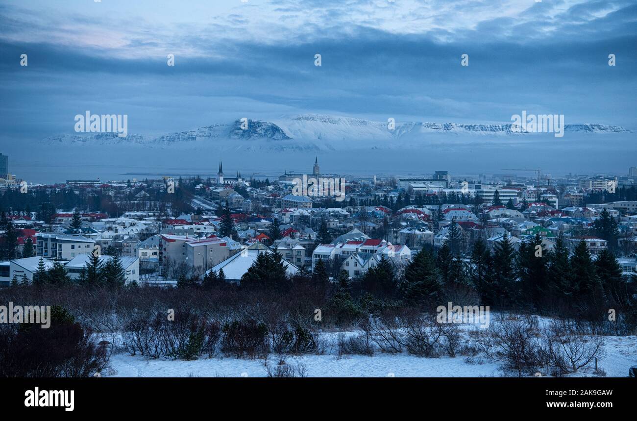 Reykjavik Iceland in the winter with snow,A view from the top of the Perlan (English: The Pearl)  a prominent landmark in the Icelandic capital Stock Photo
