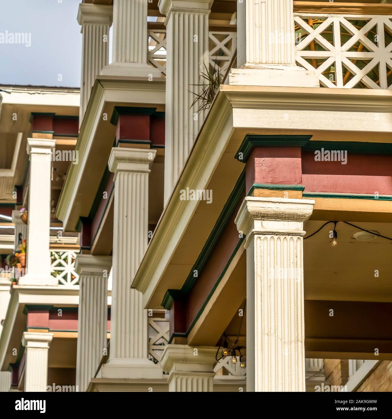 Square frame Close up of square columns and lattice railing framing the ...