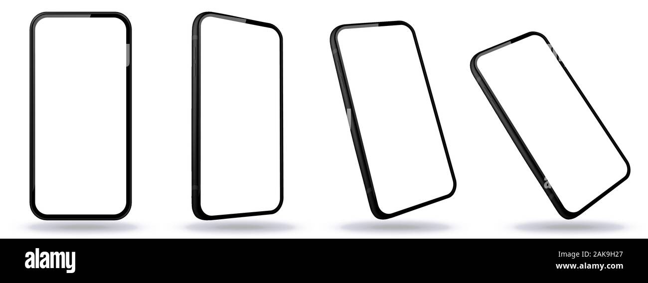 Black Mobile Phone Vector Mockup With Perspective Views. Smartphone Screens Isolated on Transparent Background. Stock Vector