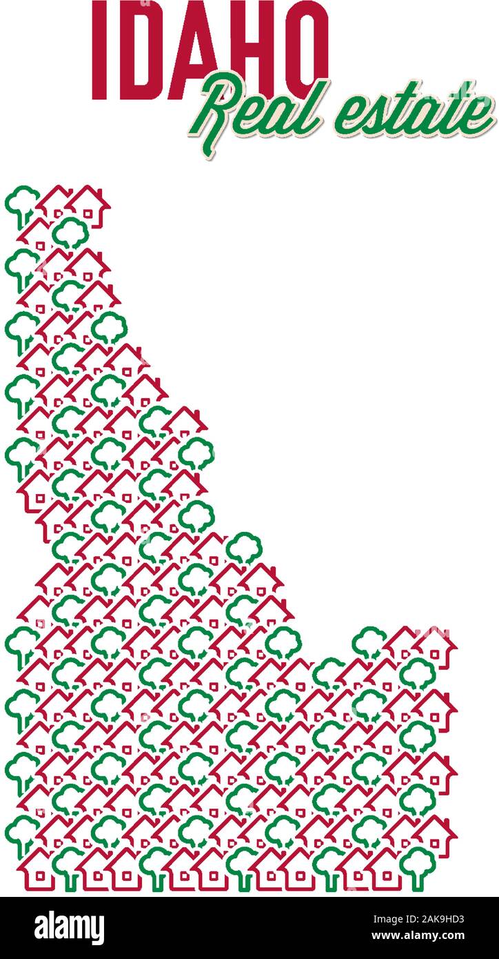 Idaho real estate properties map. Text design. Idaho US state realty