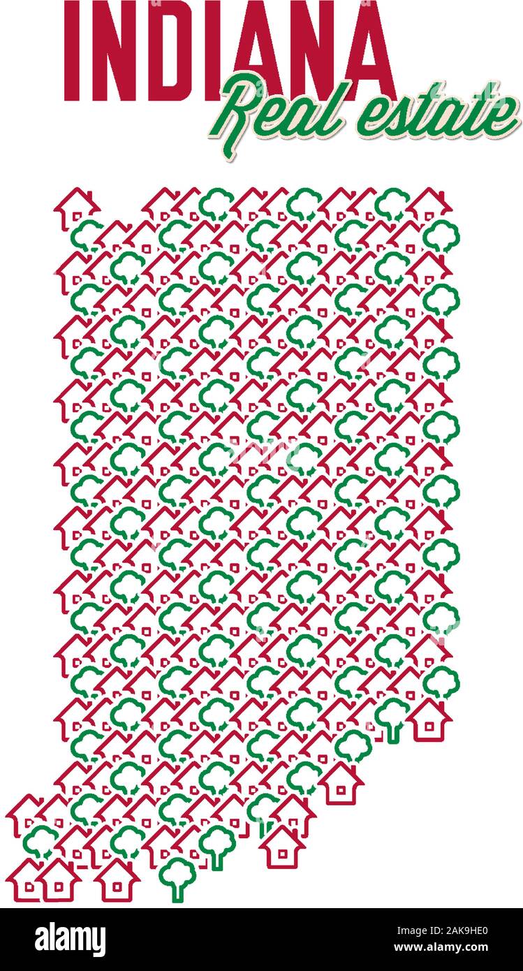 Indiana real estate properties map. Text design. Indiana US state realty creative concept. Icons