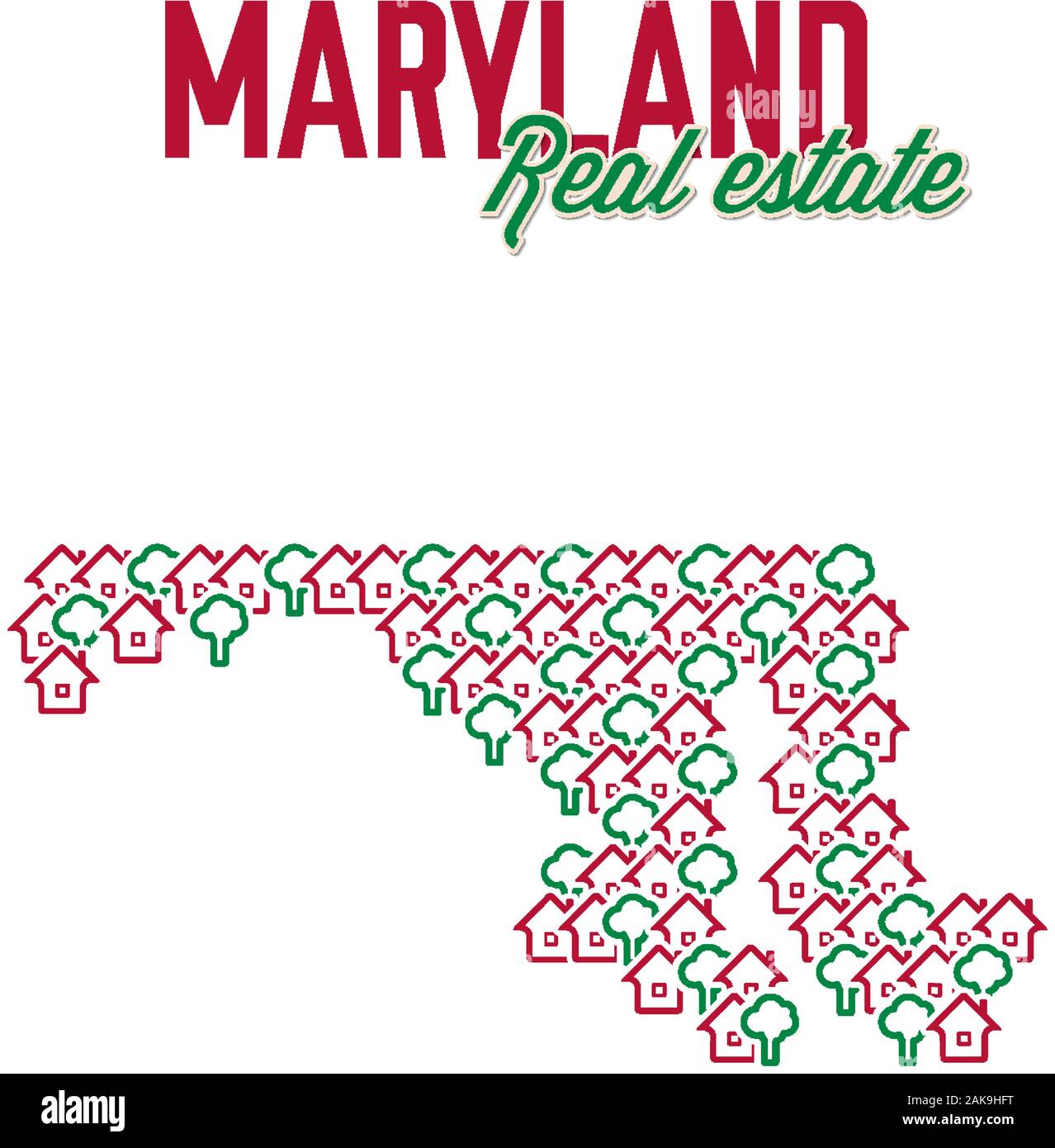 Maryland real estate properties map. Text design. Maryland US state realty creative concept. Icons of houses with gardens in the shape of a map of Mar Stock Vector