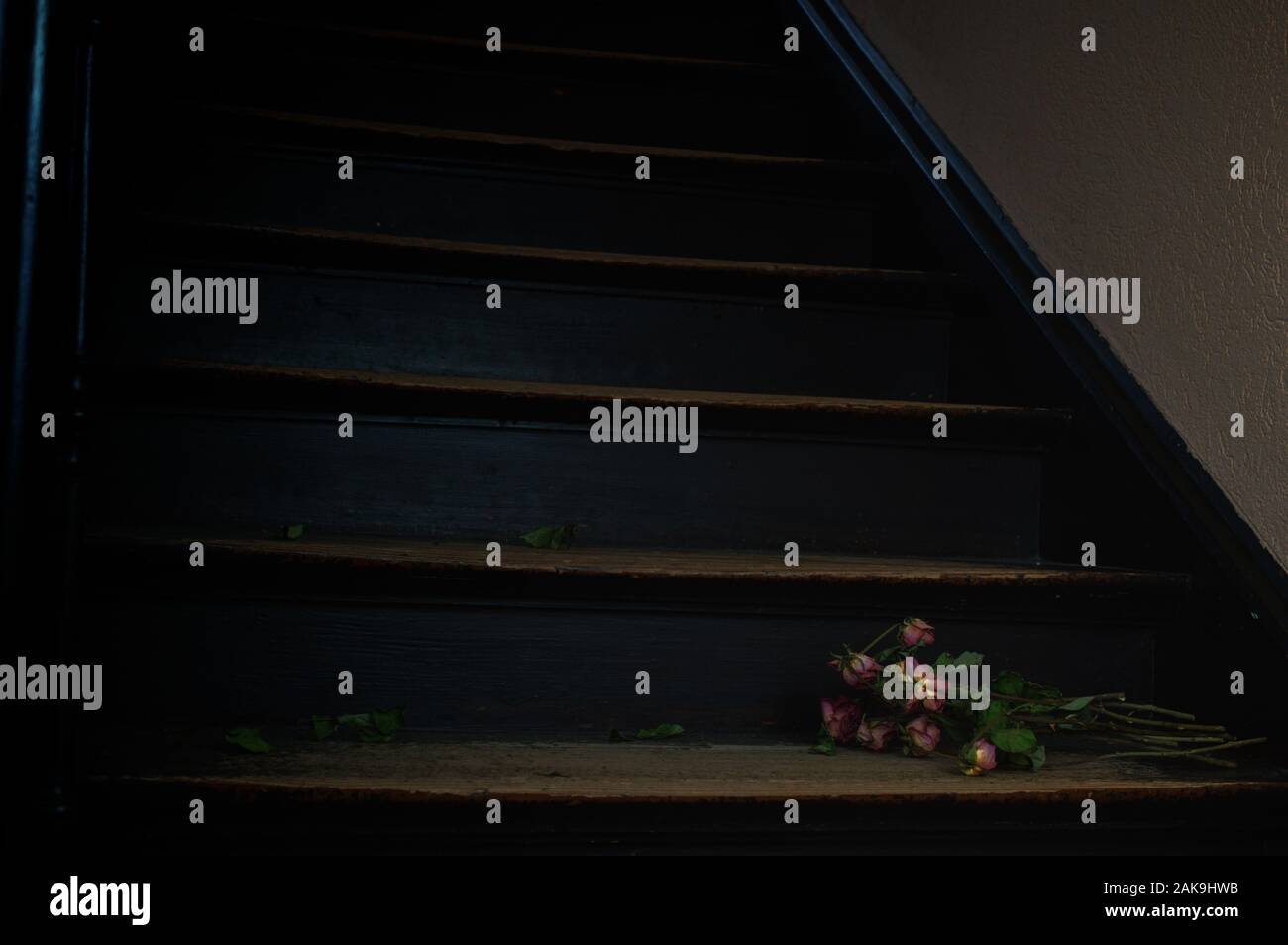 bouquet of dead roses on dark stairs as symbol for grief and death ...
