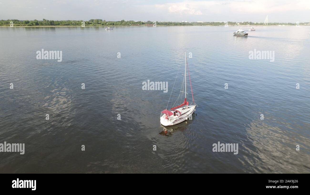 Yacht on the Volga river. View from the top 10 meters. Russia Stock Photo
