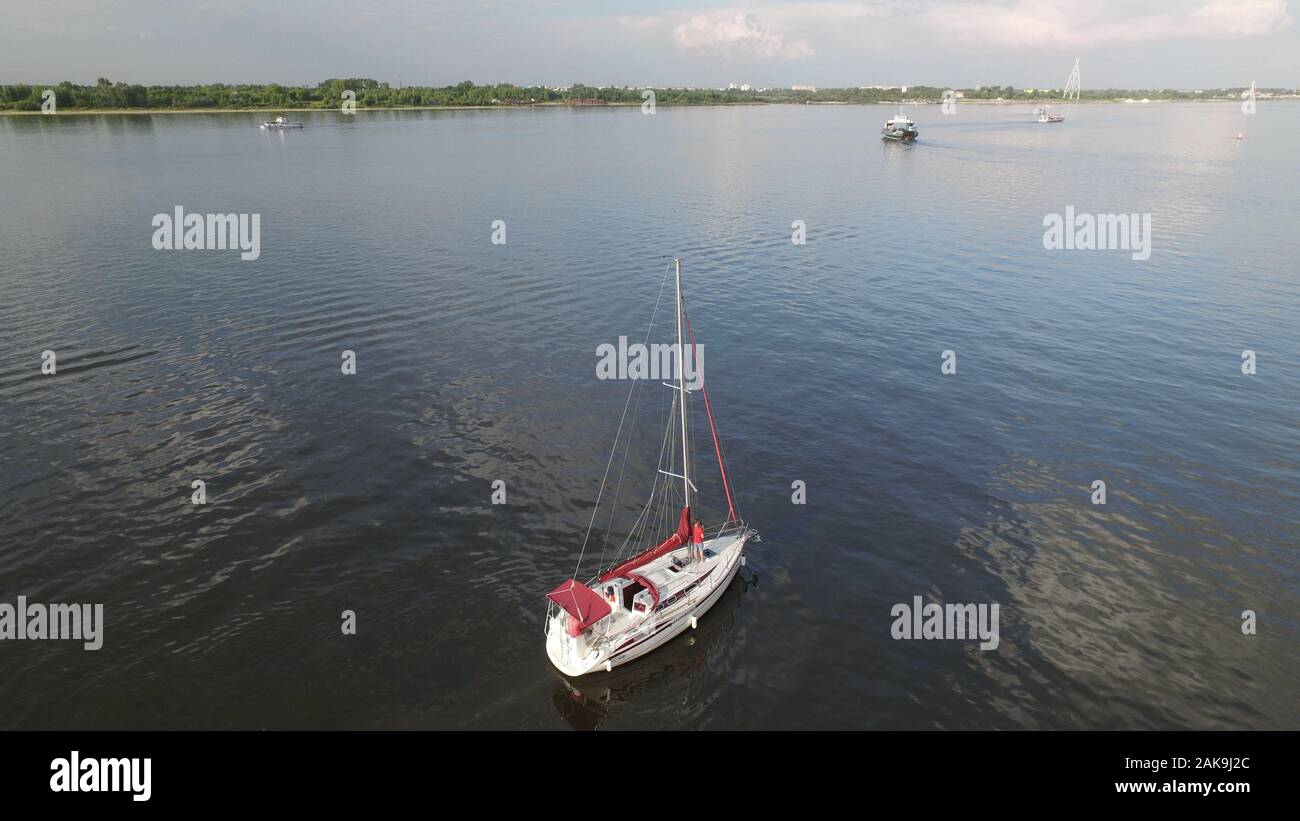Yacht on the Volga river. View from the top 10 meters. Russia Stock Photo