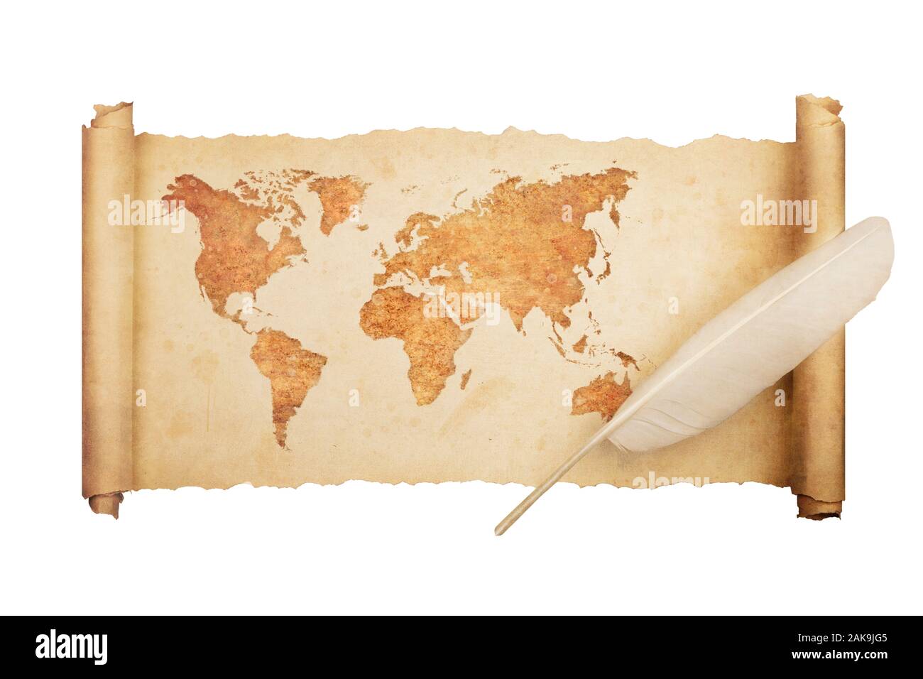 Ancient, old world map on  vintage scroll paper isolated on white background with feather. Stock Photo