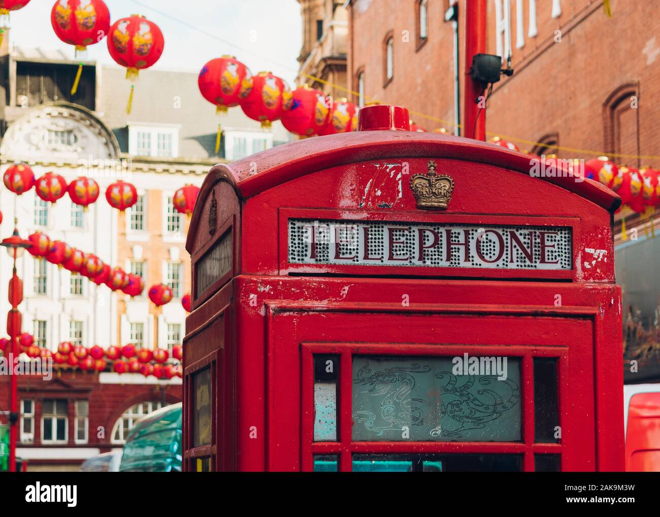 Typical London red telephone booth in Chinatown, Soho district Stock Photo