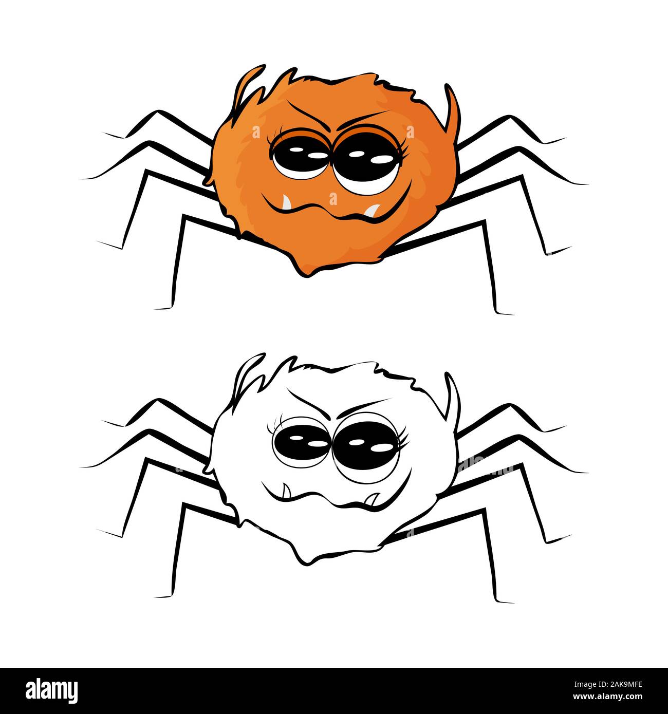 Spider isolated on white background. Set of outline, colored and flat spider. Orange cartoon character and line contour spider sketches. Stock vector Stock Vector