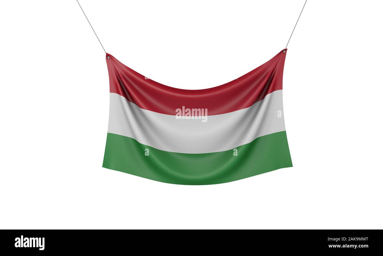Hungary national flag hanging fabric banner. 3D Rendering Stock Photo