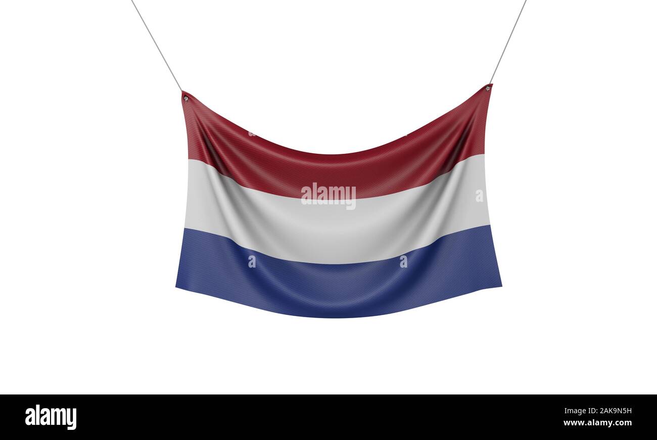 Netherlands national flag hanging fabric banner. 3D Rendering Stock Photo