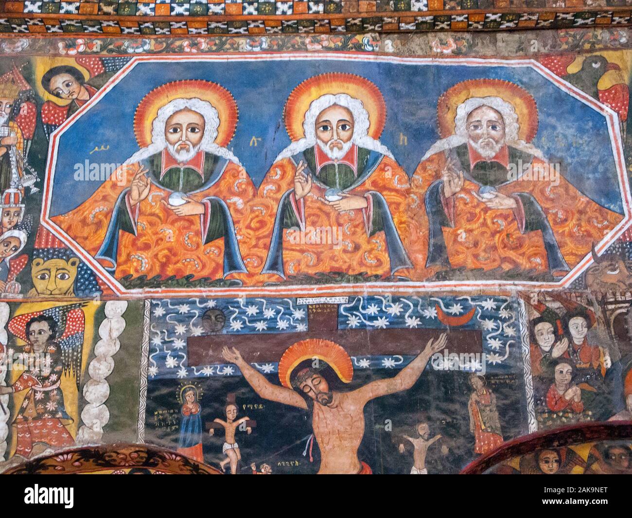 Roof paintings of cherubs inside the Debre Berhan Selassie Church. Ethiopia. Stock Photo