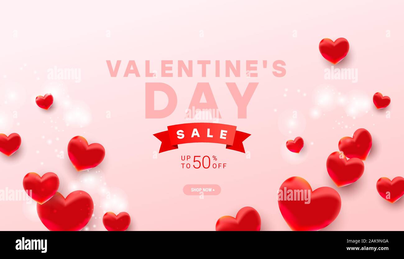 Valentines sale vector banner template with realistic decoration 3d red ...