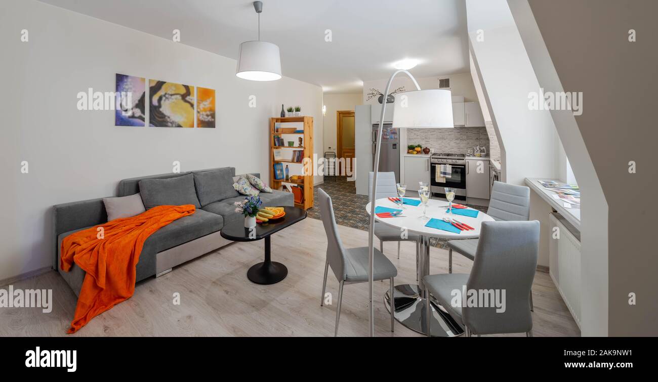 Living Room And Kitchen In Studio Apartment Furniture Kitchen Set Private House Panorama View Stock Photo Alamy