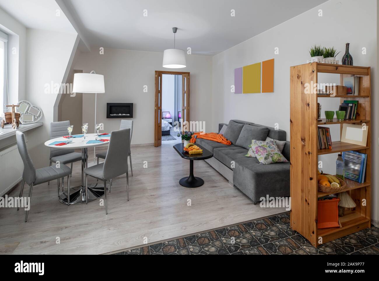Modern interior of living room in studio apartment. Furniture and ...