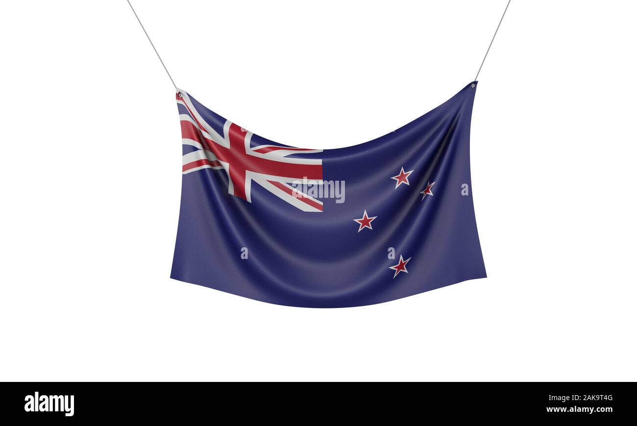 New Zealand national flag hanging fabric banner. 3D Rendering Stock