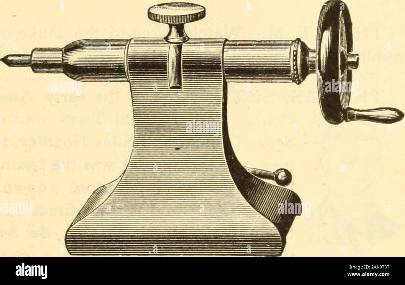 The American watchmaker and jeweler; an encyclopedia for the horologist, jeweler, gold and silversmith .. . ill be found exceedingly convenientwhen several spindles are to be used for drilling, counterboring and cham-fering. Screw Tailstock. This attachment is very convenient for heavydrilling, the spindlebeing moved by ascrew with handwheel attached, asshown in Fig. 268. Traverse SpindleTailstock. Thisattachment, shown inFig. 269, will befound very conven-ient for straight drill-ing. Where the watch- ^9- 2^^- maker has a great deal of drilling to do, he will find this attachmentinvaluable. TA Stock Photo