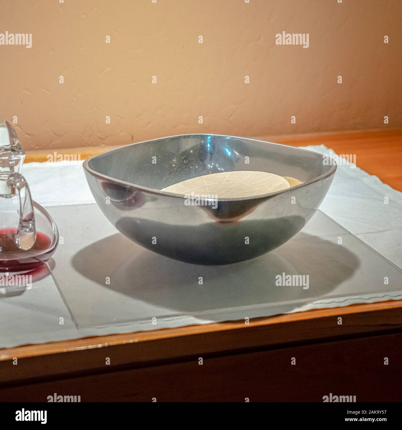 Square Holy Communion wine and wafers in a church Stock Photo Alamy