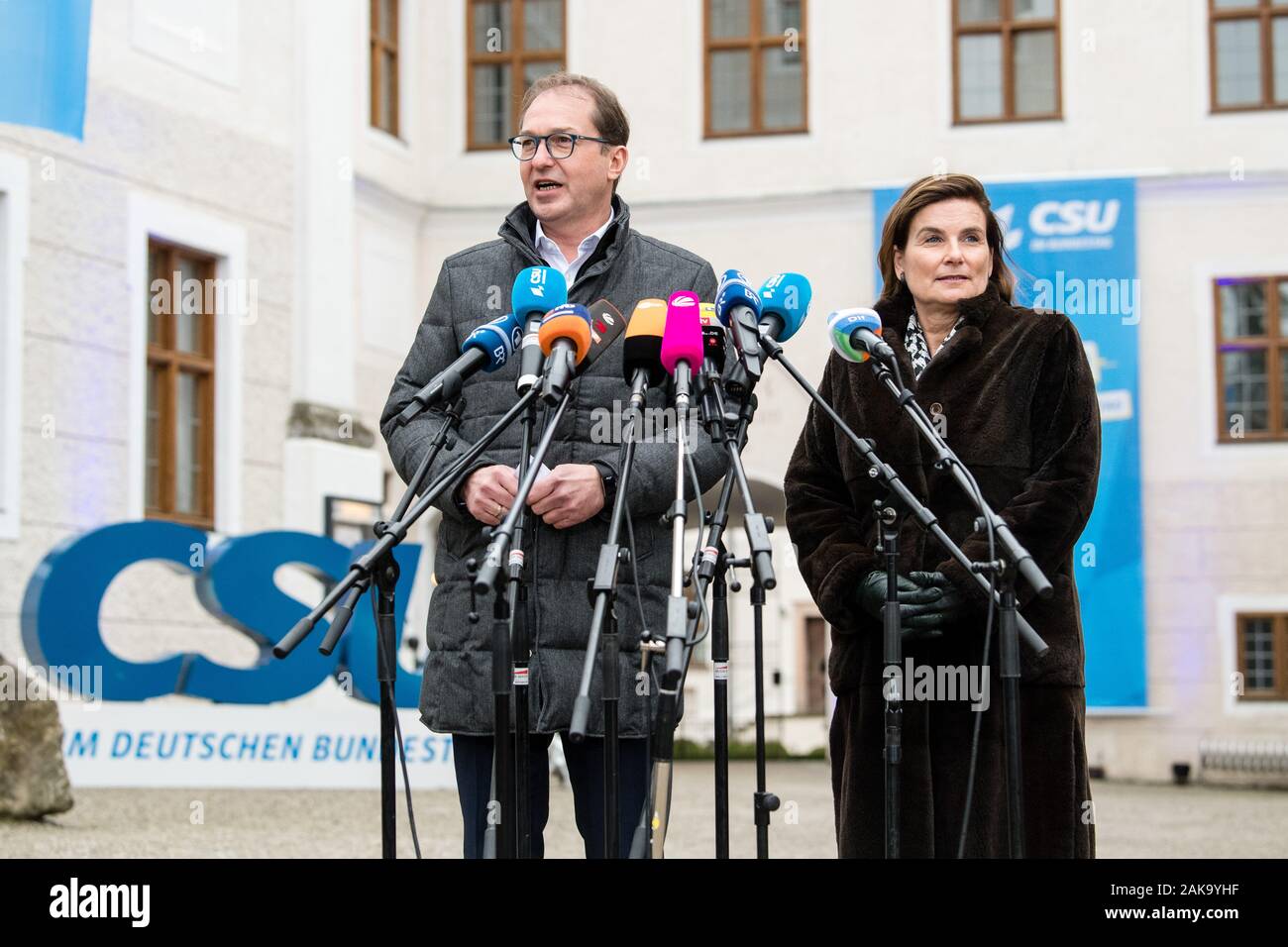 Seeon, Germany. 08th Jan, 2020. Alexander Dobrindt, head of the CSU state group, and Ann-Kristin Achleitner, from the Chair of Entrepreneurial Finance at the Technical University Munich School of Management, make a statement to the press at the winter retreat of the CSU state group in the Bundestag in the monastery Seeon. Credit: Matthias Balk/dpa/Alamy Live News Stock Photo