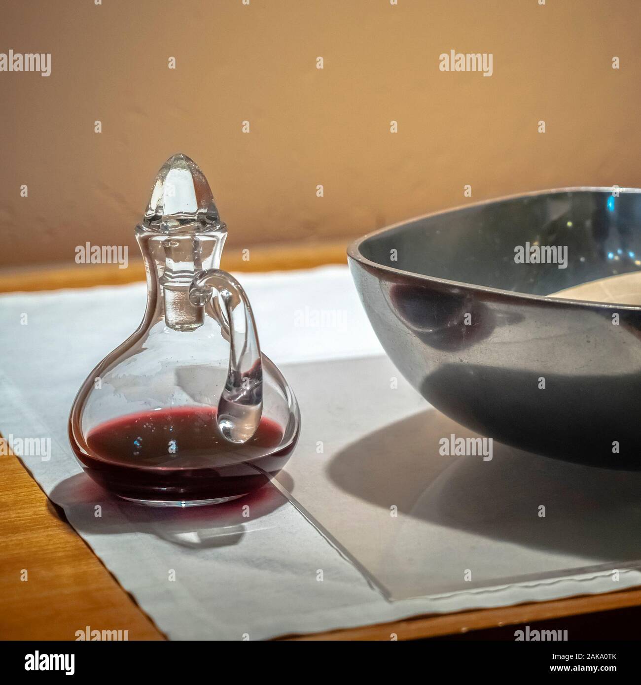 Square Red Communion wine and Wafers in a church Stock Photo Alamy