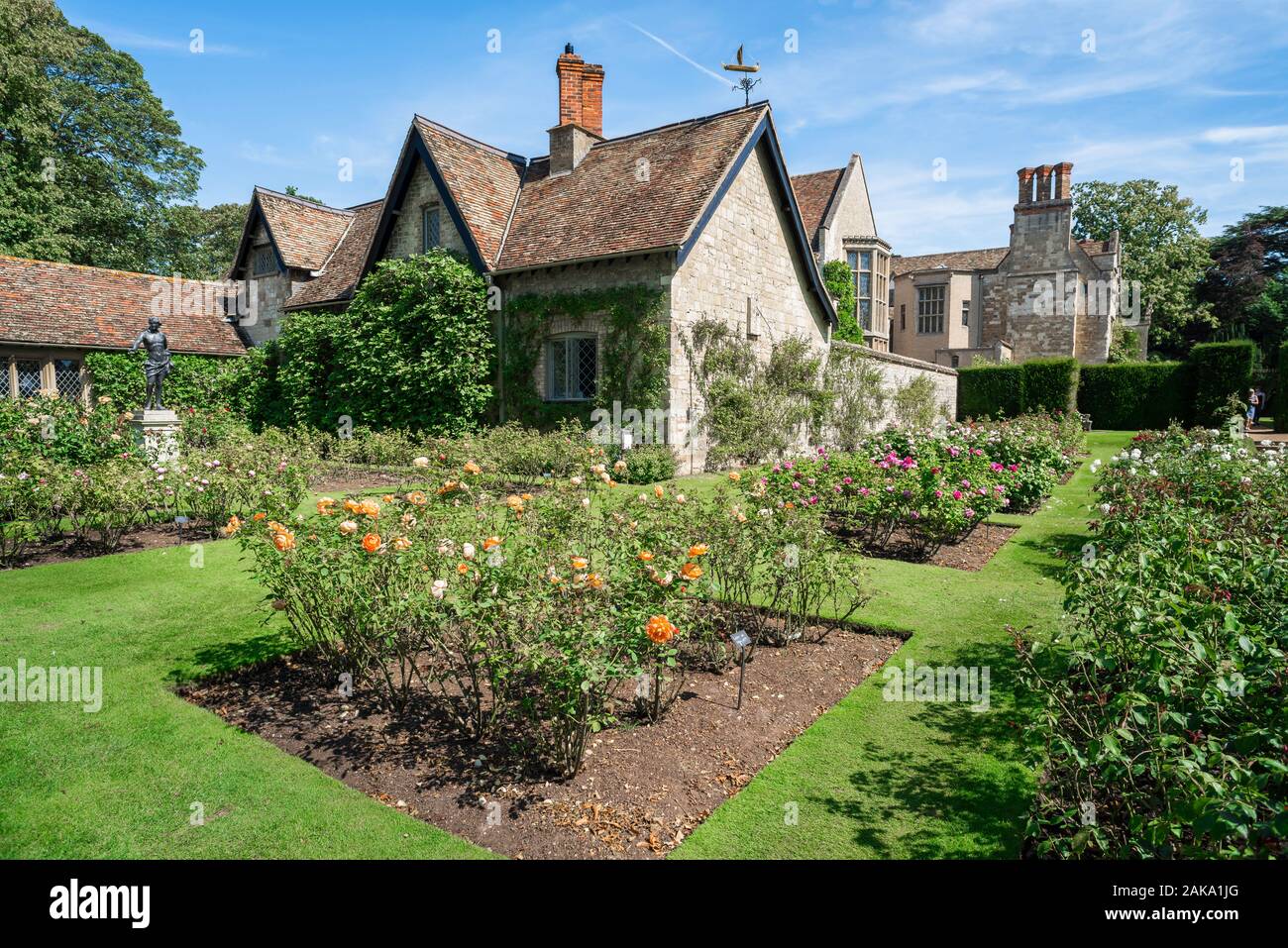 Anglesey Abbey, view of the rose garden of Anglesey Abbey, a 17th century country house in the village of Lode, Cambridgeshire, England, UK. Stock Photo