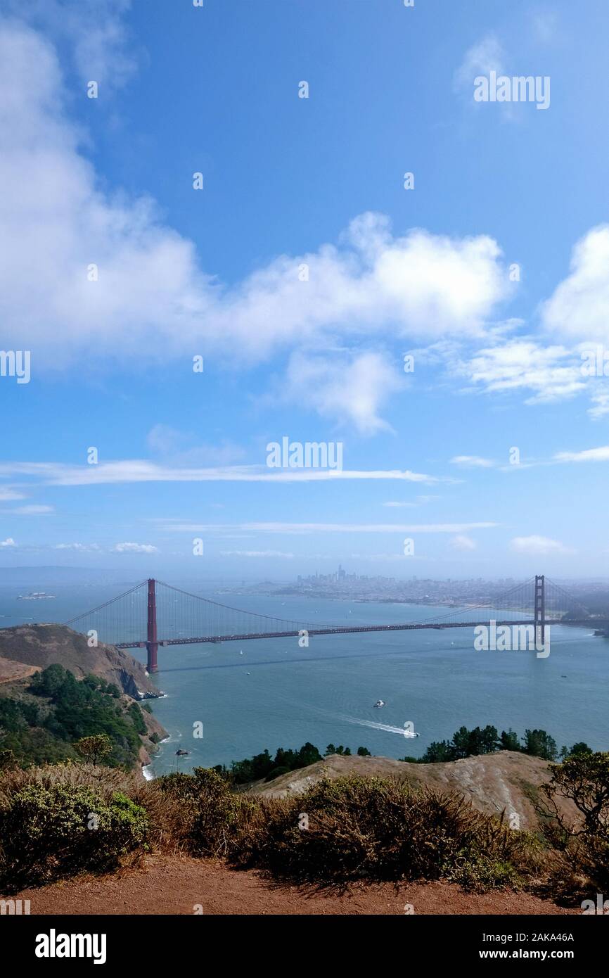 View of the Golden Gate Bridge from Hawk Hill at the northern end of the bridge, San Francisco, California, USA Stock Photo