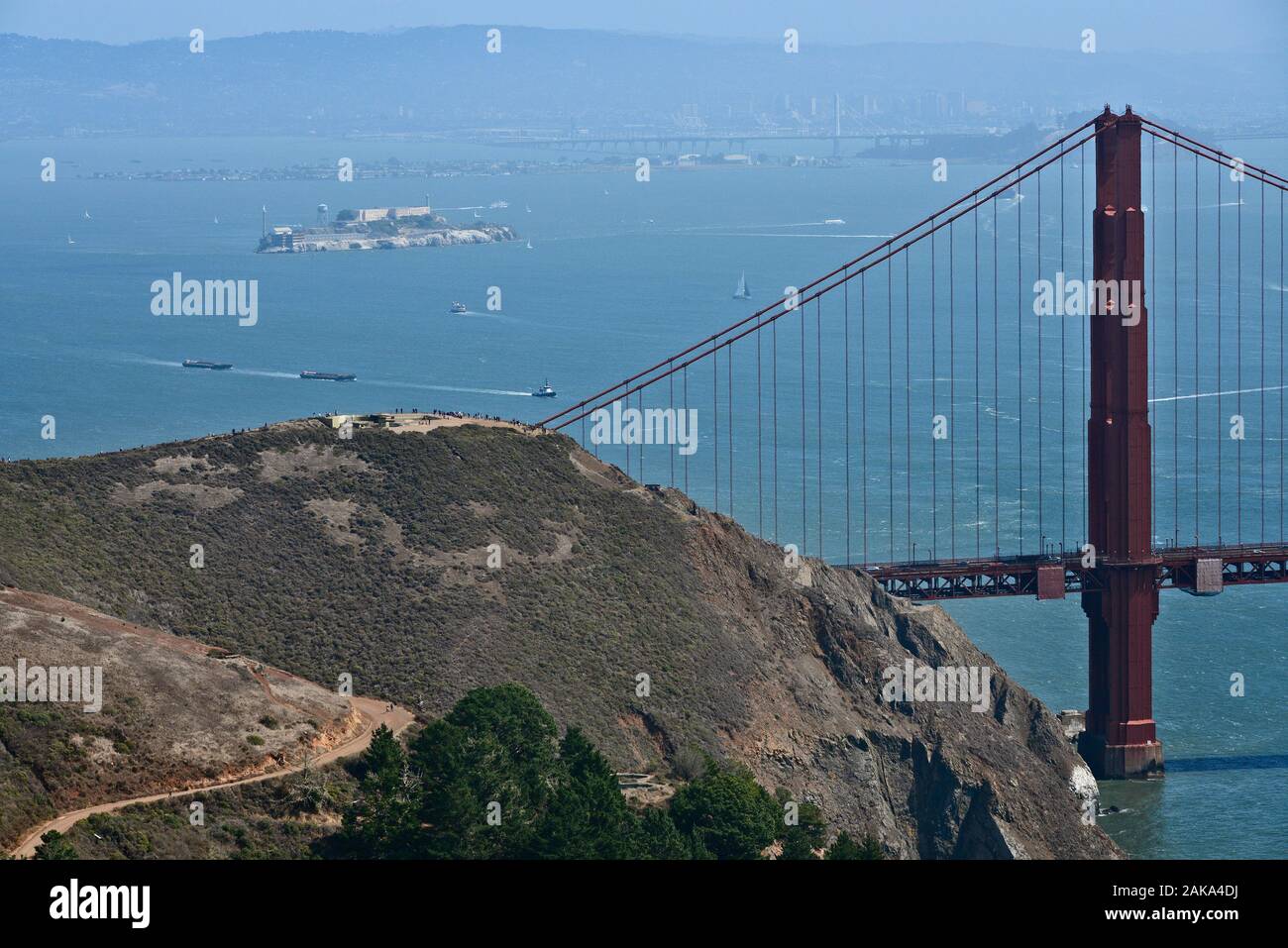 View of the Golden Gate Bridge and Alcatraz from Hawk Hill at the northern end of the bridge, San Francisco, California, USA Stock Photo