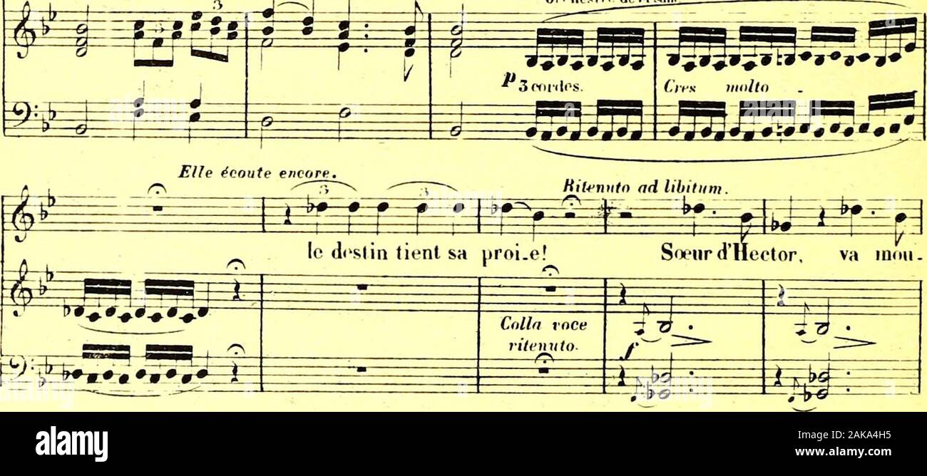 La prise de Troie : poème lyrique en deux actes et trois tableaux . Oui la domine! la lia.che! louil.lez le liane du monstrueux cheval! ^^js^ ,^ *»/ fn diminuant. m i 4*—* Jc^z: a 5t ^1^-^ ^ 5 j&gt; i !... les Grecs... il ea.che lînpiegë in/cr.nal..  h F^^ff 9 1 M ?* i&gt;# 2- i* ¥ / ! / / PfsSsp 7r Mil ix se |hiiI J J j^J. a 12* ( f* feSÈ =*=¥ =*¥ J^sJ^N llT Tt^- plusdespéran - ce!.. Vous ê-les sanspi-tie, grands m 1 m m . ,? fi *^ y^y Seinpiv amortftndo- I . =* g^i tZQ es 5 3*r H I ,»-ia £i I dieux, pour ce. pou . plo on do.mon.ce! 0 iliant cm . &lt;^^L I r r=f ^^* JaE sÉÉ* F 1 F i Pédal Stock Photo