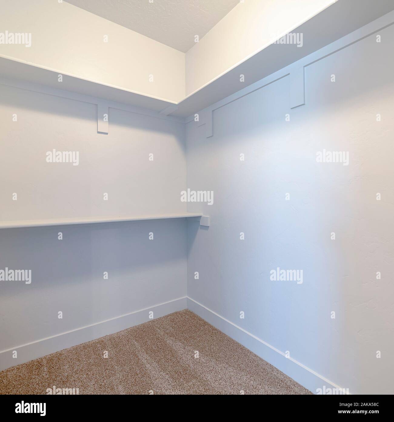 Square frame Empty white shelves inside a walk in cupboard Stock Photo