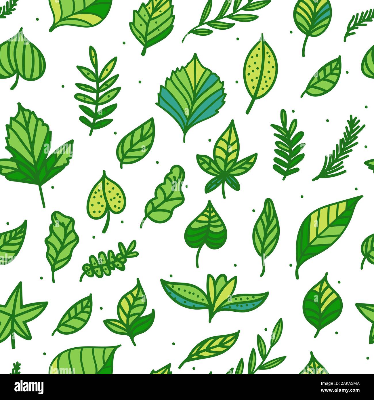 Seamless pattern Green leaf hand drawn texture isolated on white background. Eco surface design Stock Vector