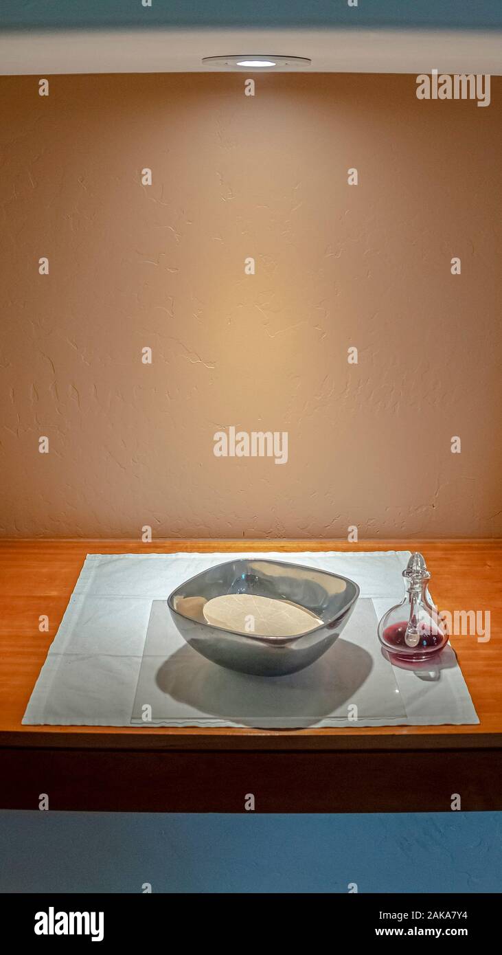Vertical Communion wine and wafers in a church Stock Photo Alamy