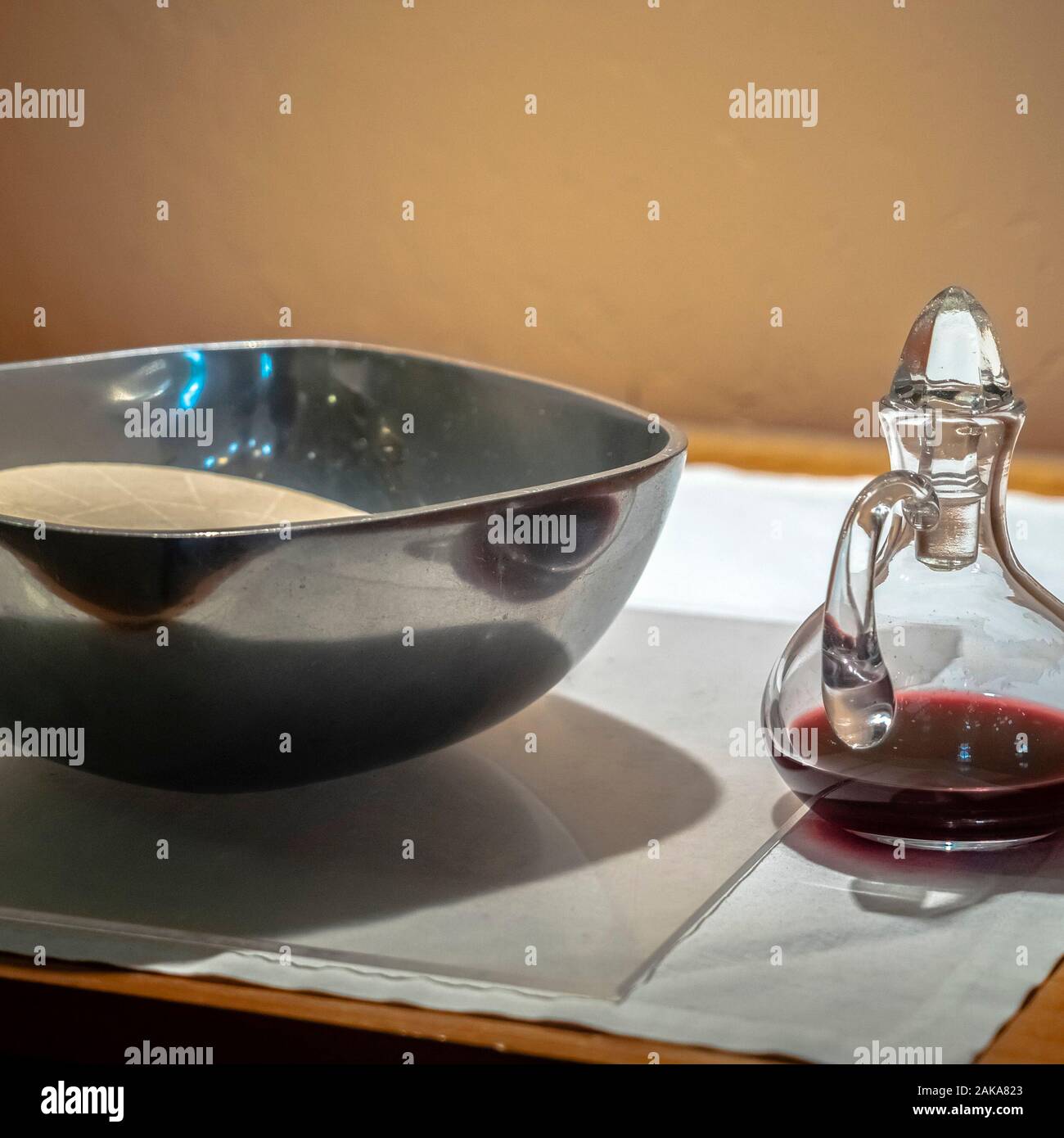 Square frame Red Communion wine and Wafers in a church Stock Photo Alamy