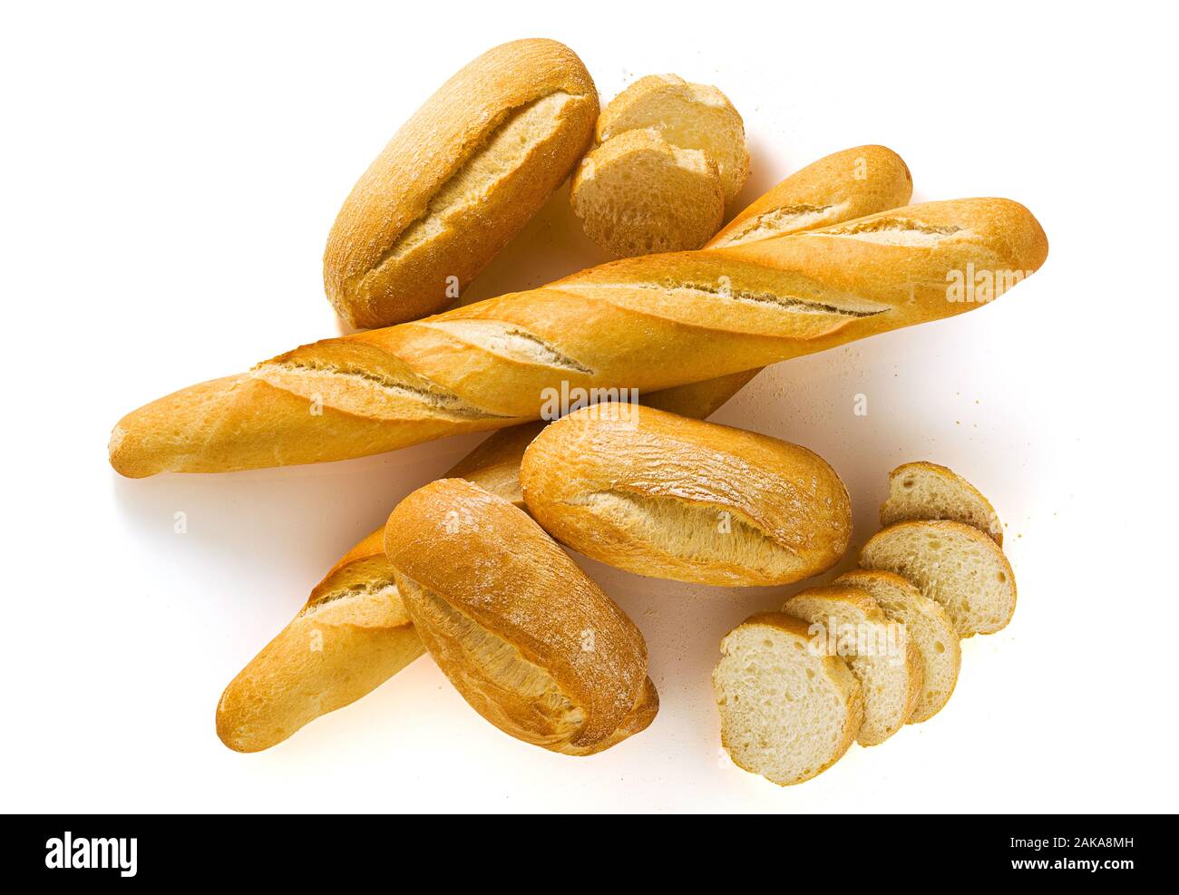 fresh white bread baguette and bun isolated on a white background with