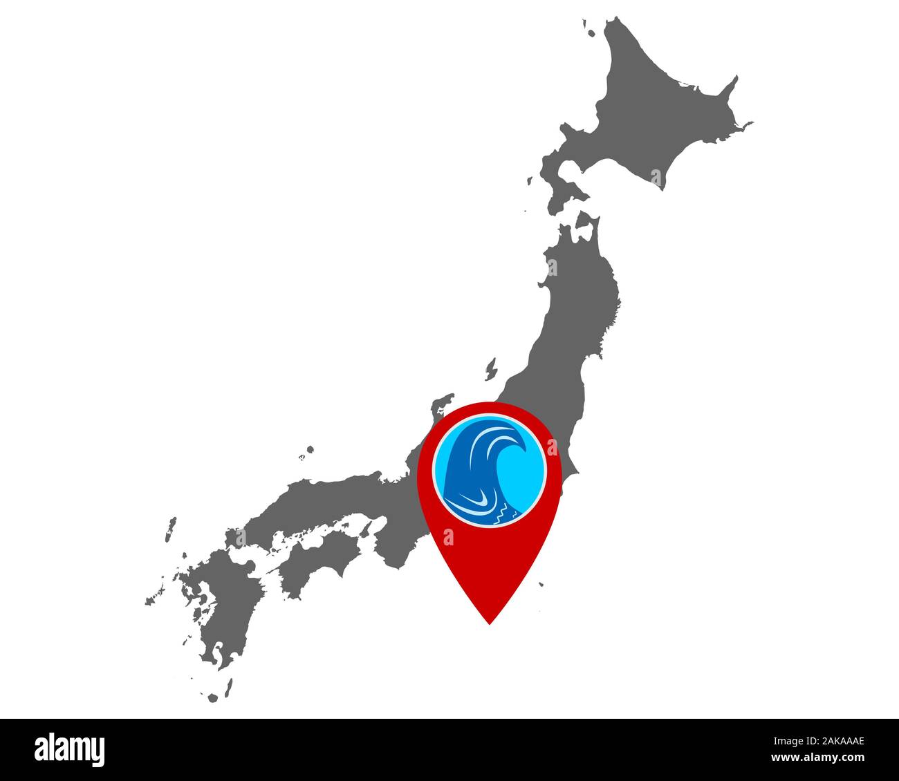 Map of Japan and pin with tsunami warning Stock Photo