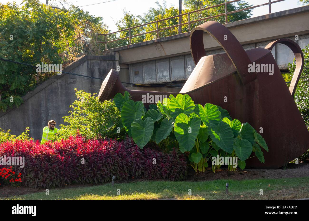Giant Watering Can with flowers Staunton Virginia Stock Photo