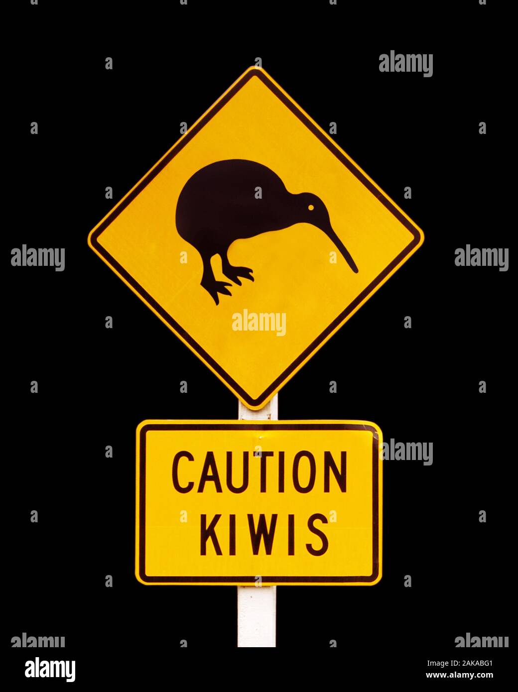 Caution kiwis, New Zealand iconic road sign on black background. Stock Photo