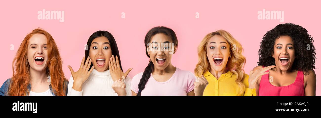 Happy shock. Collage of surprised happy women's portraits over pink background, excited girls emotionally reacting to good news, panorama Stock Photo