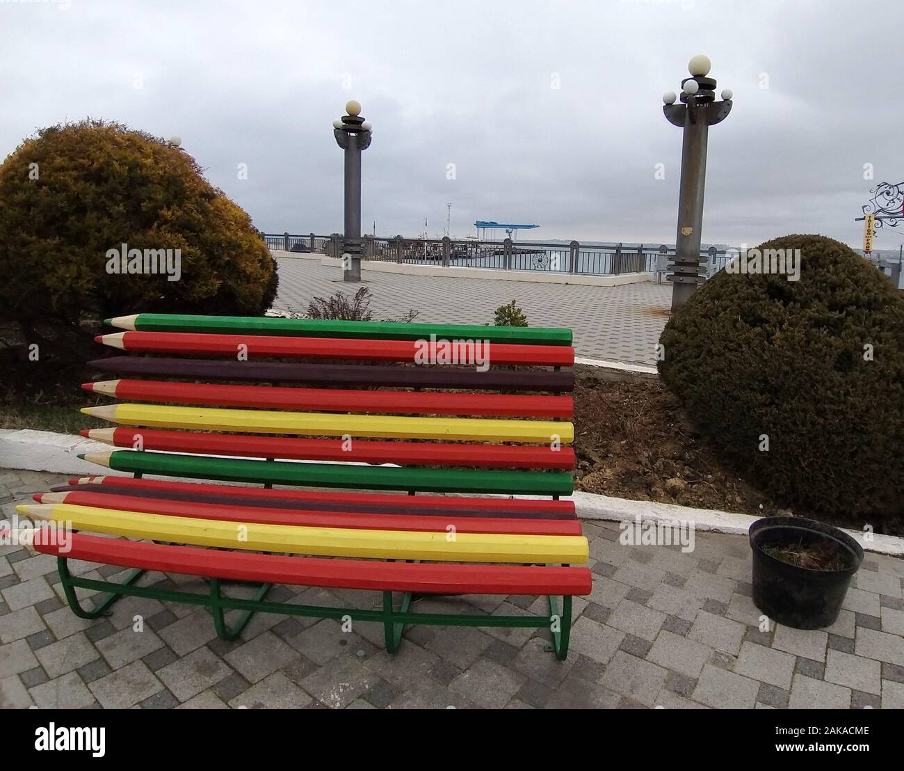 bench of colored pencils on the waterfront in the city of Anapa Stock Photo