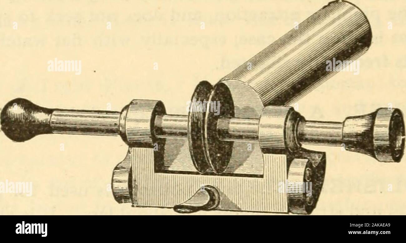 The American watchmaker and jeweler; an encyclopedia for the horologist, jeweler, gold and silversmith .. . Pivot Polisher. 272 change lap for one of box-wood, and use crocus No. 4, verv fine andground down to paste. Proceed as with first lap, being careful at alltimes to keep the lap properly oiled and not pressed too hard against. Fig. 231. the work, particularly in the last operation. Also be sparing of yourgrinding or polishing material. About three specks of polish with pointof small knife is sufficient. Bring the lap up carefully against the work Stock Photo