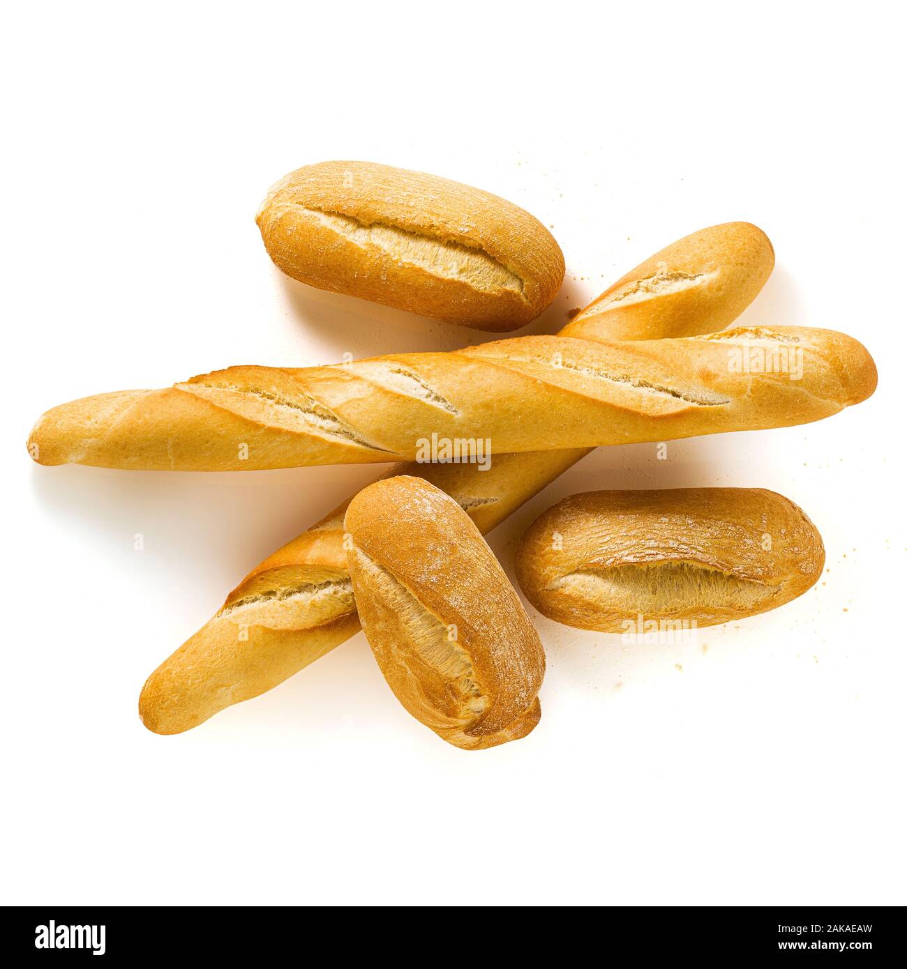fresh white bread baguette and bun isolated on a white background with