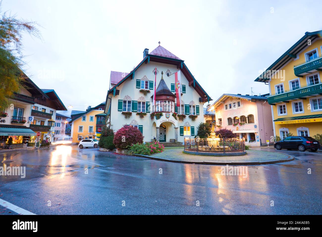 The city hall in St. Gilgen, the city is a village by the Wolfgangsee ...