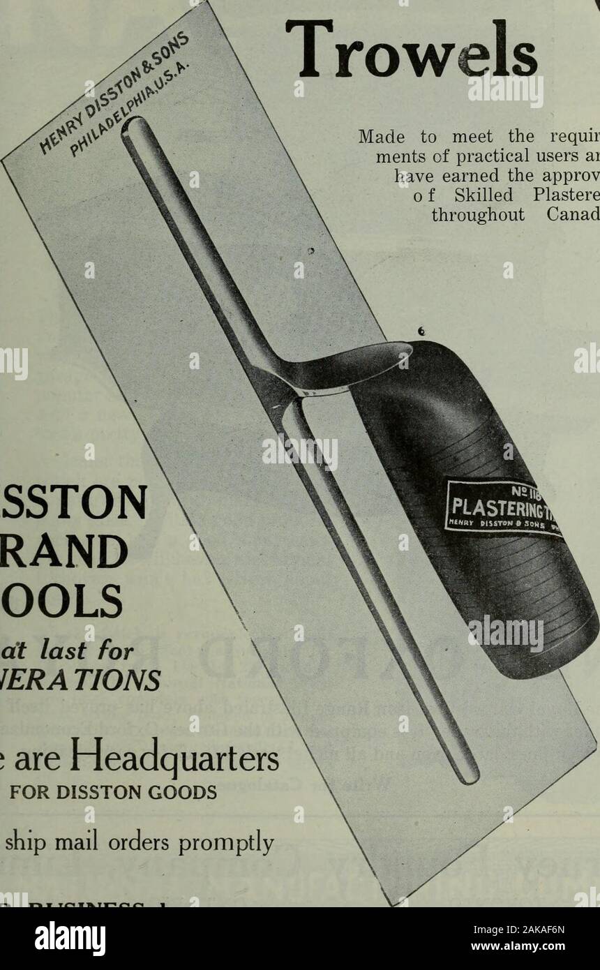 Hardware merchandising September-December 1919 . Universal Food Chopper.No. 0. LANDERS, FRARY & CLARK NEW BRITAIN, CONNECTICUT Novemibsr 1, 1919 HARDWARE AND METAL—Advertising Section DISSTON Plastering tf DISSTONBRANDTOOLS That last forGENERA TIONS We are Headquarters FOR DISSTON GOODSWe ship mail orders promptly Made to meet the require-ments of practical users andhave earned the approvalo f Skilled Plasterersthroughout Canada. O. Stock Photo