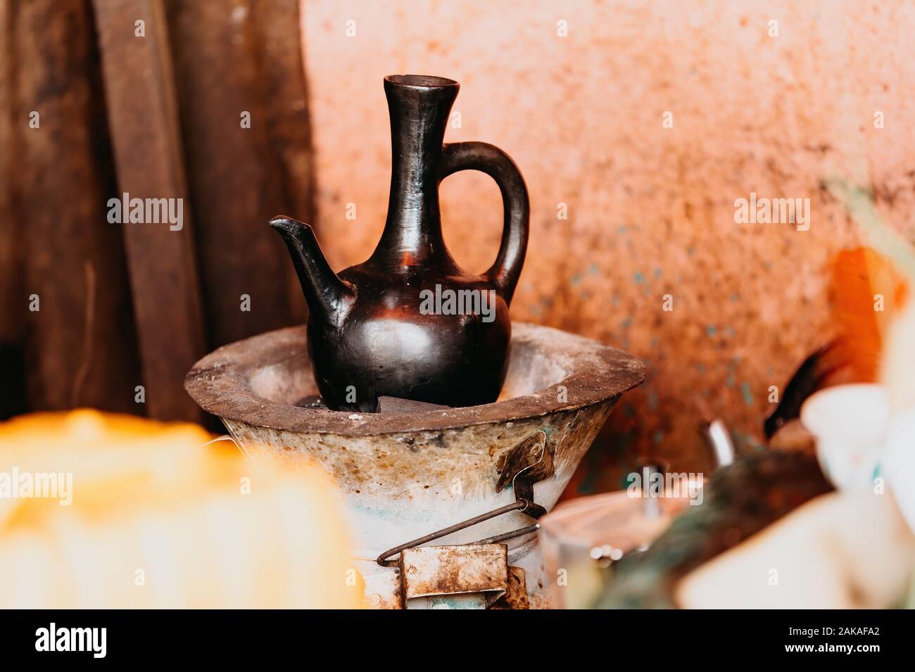 Traditional traditional Ethiopian coffee pot, Ceremony of brewing the coffee in Ethiopia, Africa