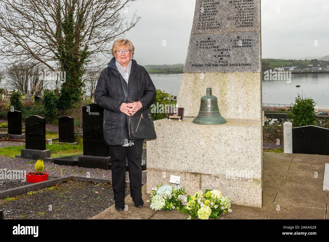 Bantry, West Cork, Ireland. 8th Jan, 2020. Today marks the 41st anniversary of the Whiddy Island disaster when the oil tanker Betelgeuse split in two and exploded causing the death of 50 workers in 1979.  Mary Doyle (Kingston) of Goleen lost her husband, Tim, on the night of the tragedy and came to the memorial today to lay wreaths.  it comes as Mary's son, Michael, who is a maritime lawyer, is in Dublin today handing a letter to the Garda Chief Superintendant regarding legal action against the Irish Government for shortcomings in the aftermath of the disaster.  Credit: AG News/Alamy Live News Stock Photo