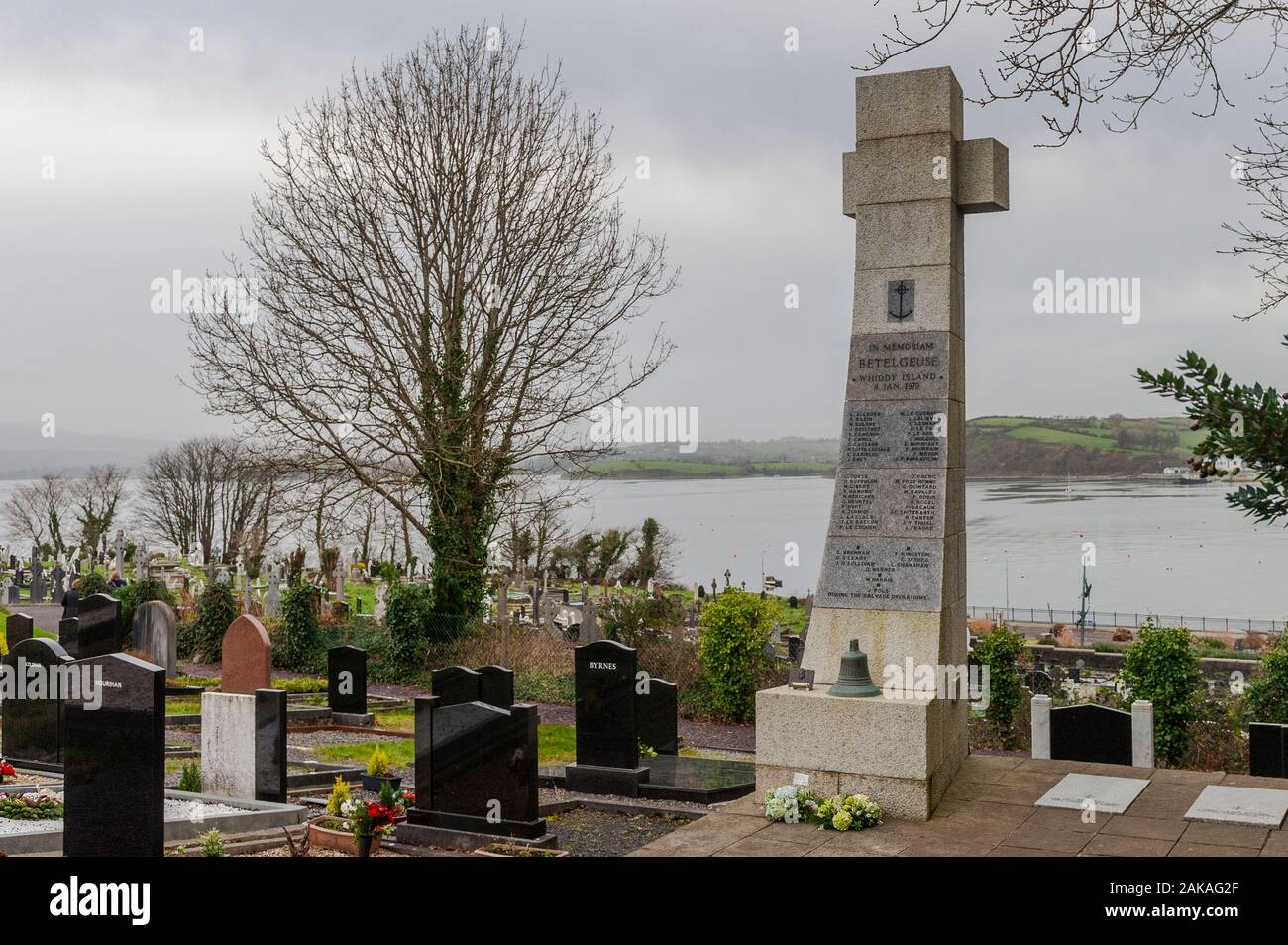 Bantry, West Cork, Ireland. 8th Jan, 2020. Today marks the 41st anniversary of the Whiddy Island disaster when the oil tanker Betelgeuse split in two and exploded causing the death of 50 workers in 1979.  Mary Doyle (Kingston) of Goleen lost her husband, Tim, on the night of the tragedy and came to the memorial today to lay wreaths.  it comes as Mary's son, Michael, who is a maritime lawyer, is in Dublin today handing a letter to the Garda Chief Superintendant regarding legal action against the Irish Government for shortcomings in the aftermath of the disaster.  Credit: AG News/Alamy Live News Stock Photo