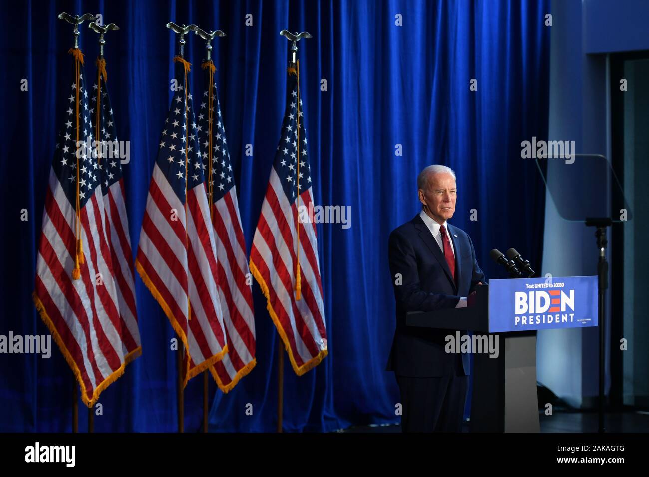 Democratic presidential candidate, former Vice President Joe Biden delivers remarks on the Trump administration's recent actions in Iraq on January 07 Stock Photo