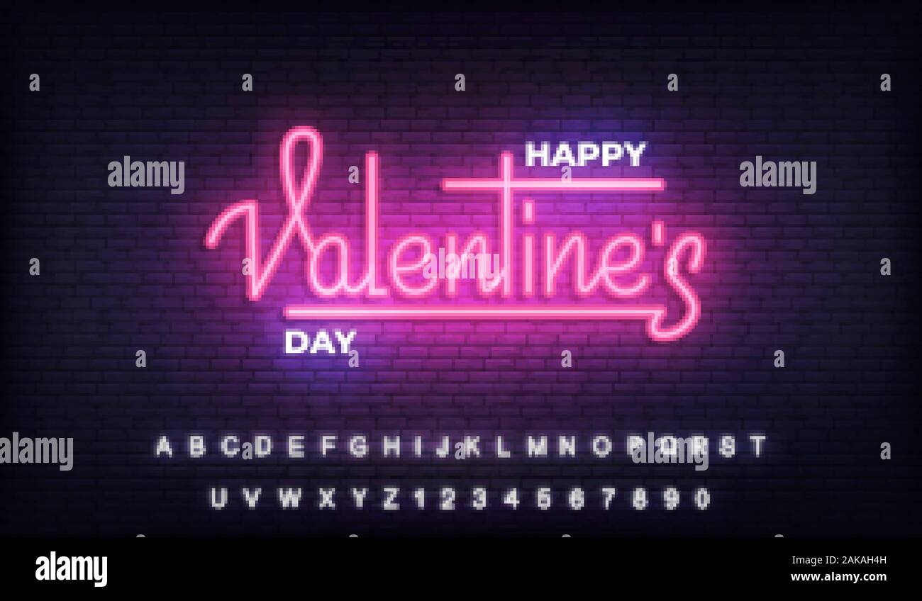 Valentines Day neon. Happy Valentines Day light glowing lettering sign ...